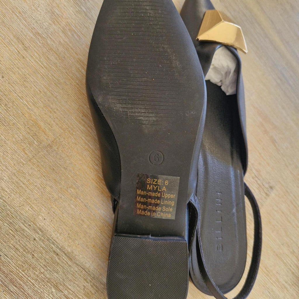 Billini Myla Black leather slingback flats with gold hardware