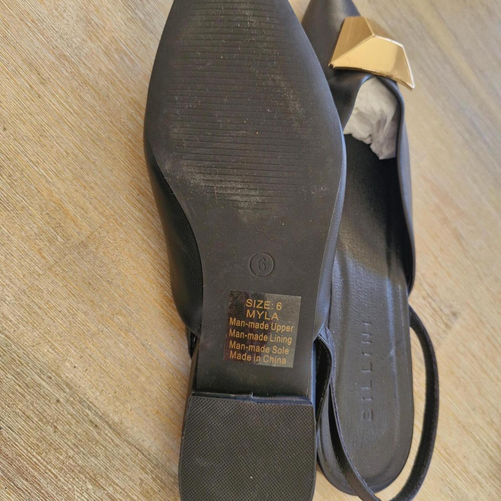 Billini Myla Black leather slingback flats with gold hardware