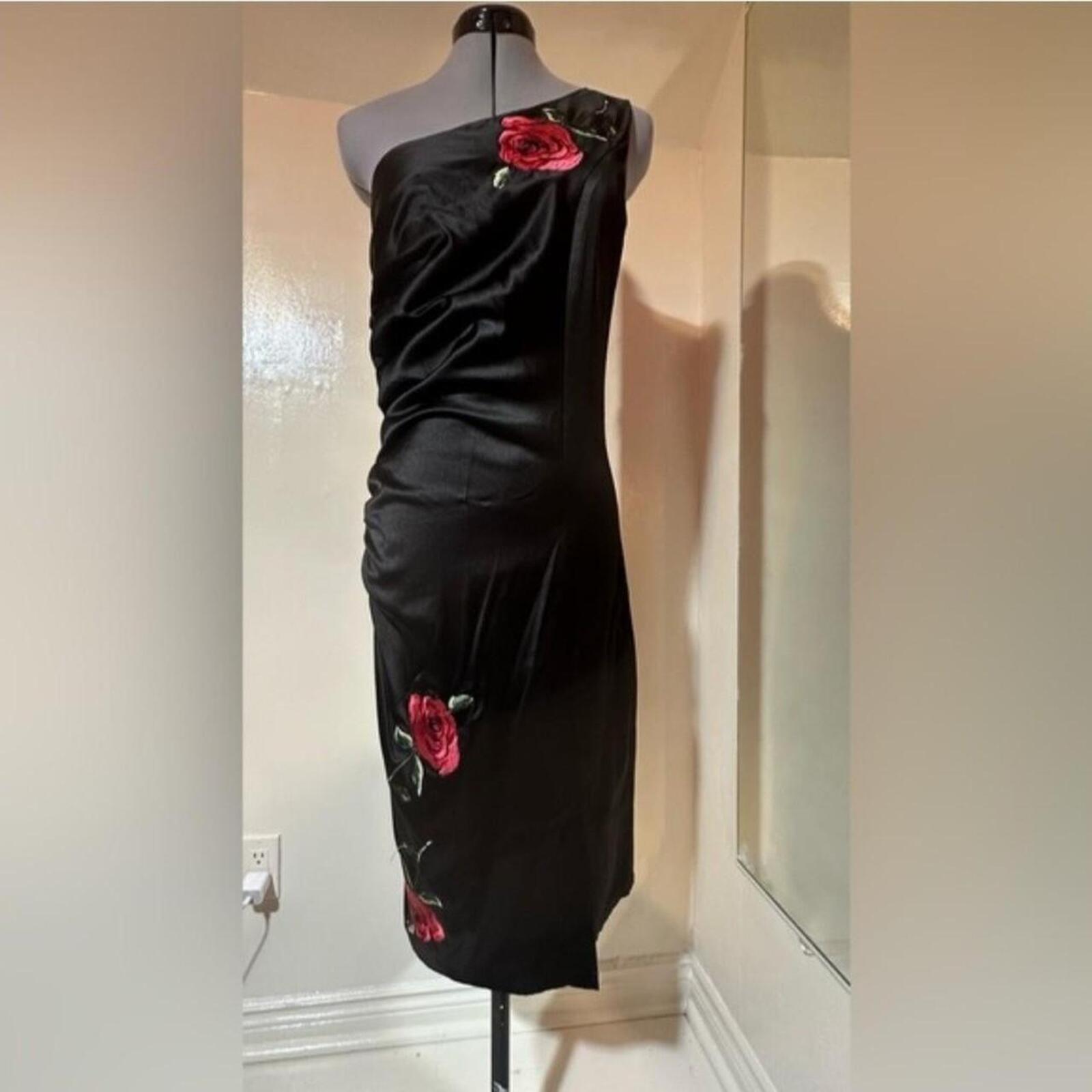 Voodoo Vixen Black satin one shoulder midi dress with red roses
