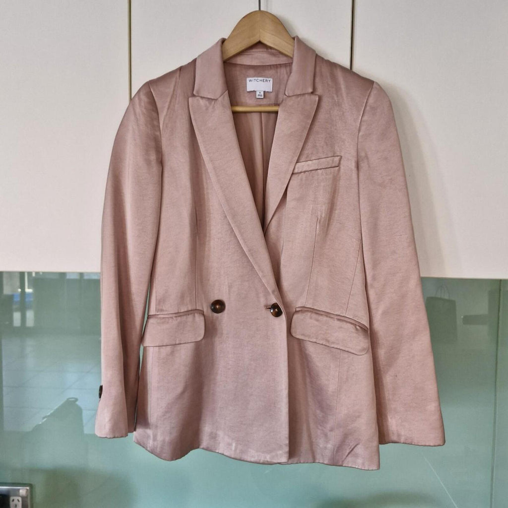 Witchery Pink Satin blazer with brown buttons 6