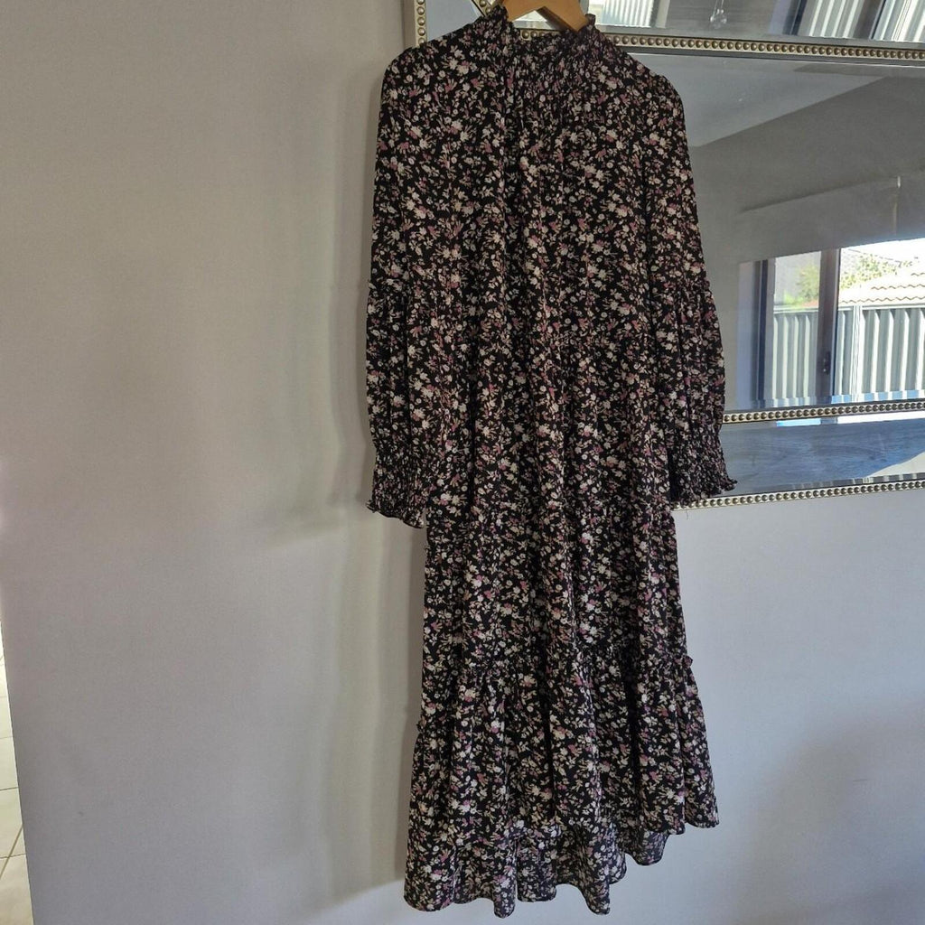 Decjuba Black & pink floral midi dress with high neck 8