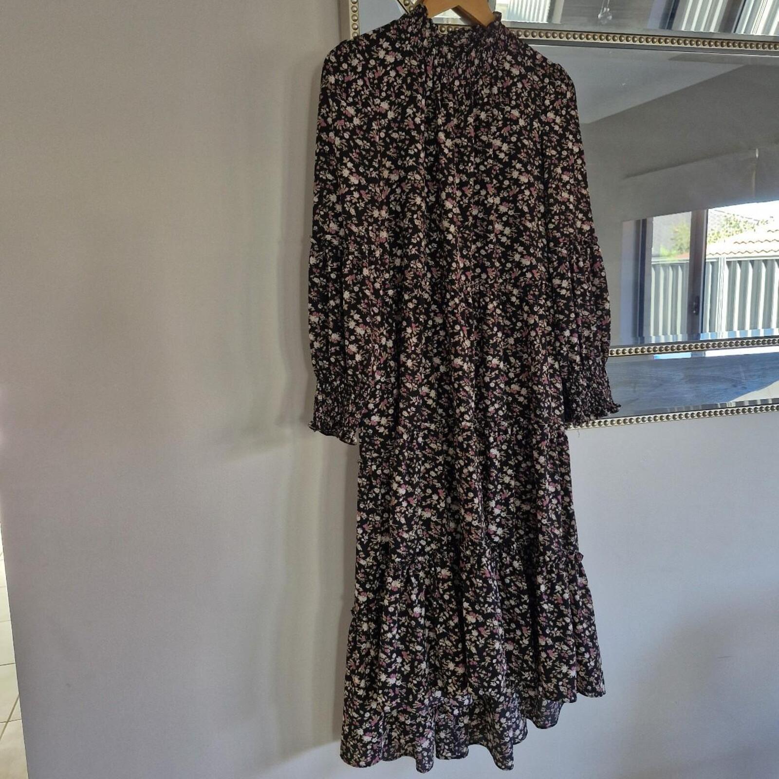 Decjuba Black & pink floral midi dress with high neck 8