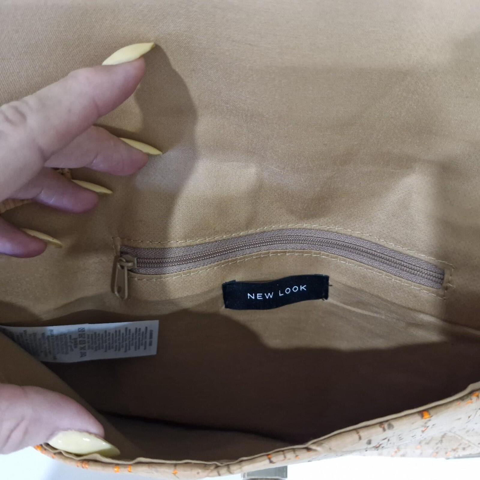 Tan and orange cork clutch bag with gold chain strap