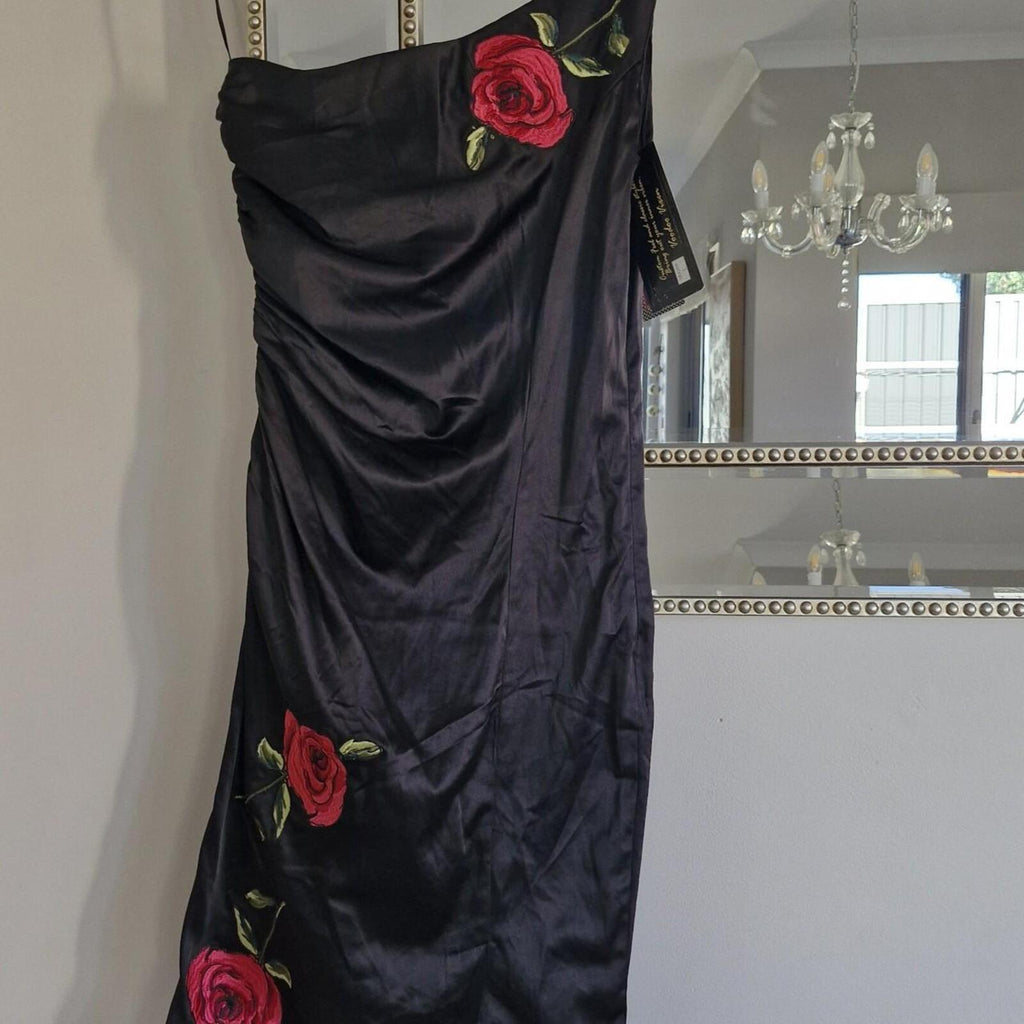 Voodoo Vixen Black satin one shoulder midi dress with red roses